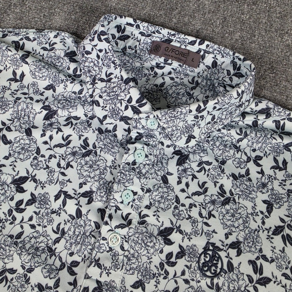 G/FORE Golf Polo Shirt Mens L Blue Floral Toile Print Tech Performance